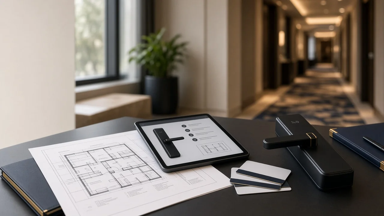 Project manager reviewing smart lock specifications and hotel access plans