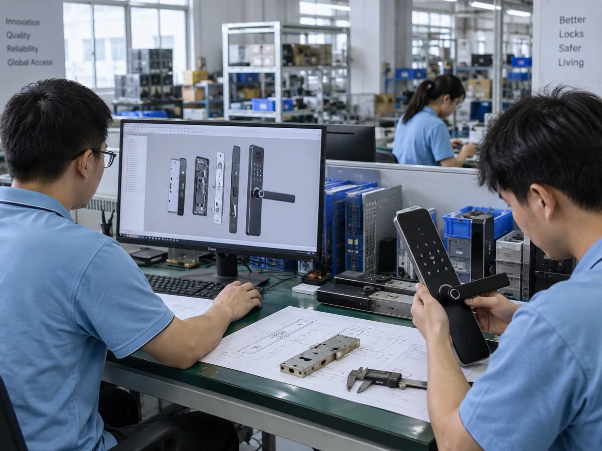 Smart lock engineers reviewing product design and lock hardware