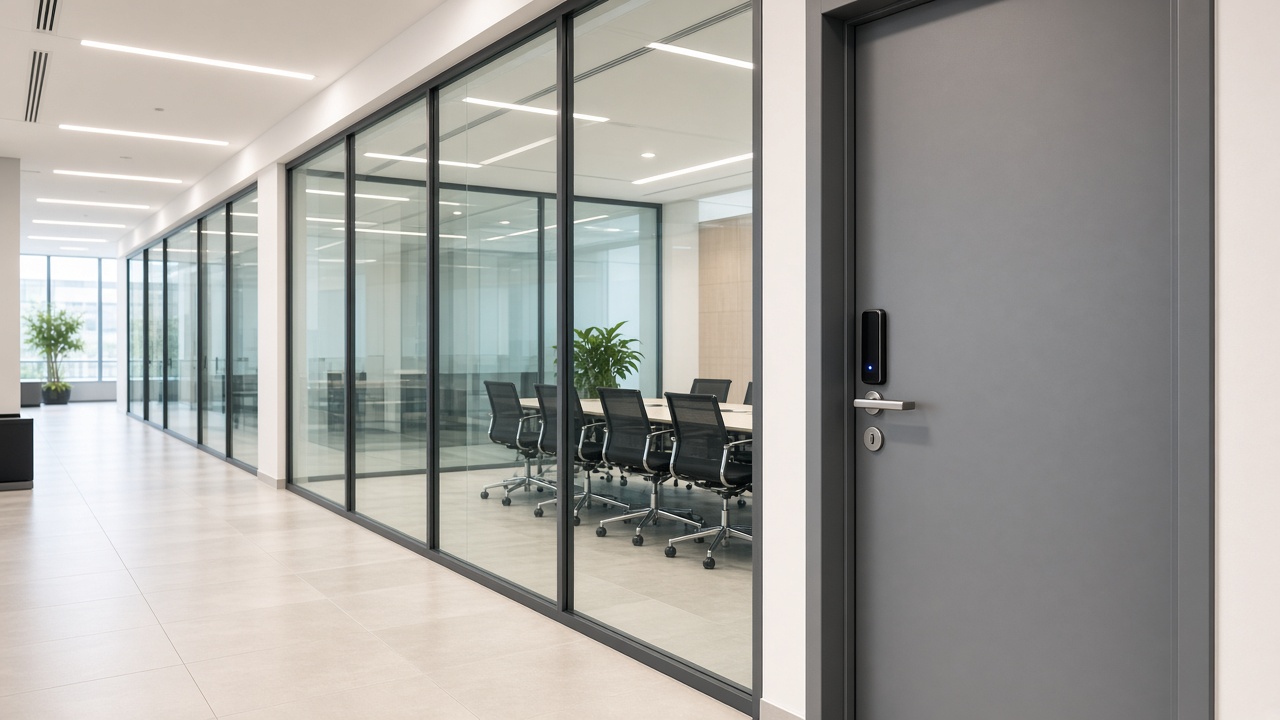Modern office corridor with commercial smart door access
