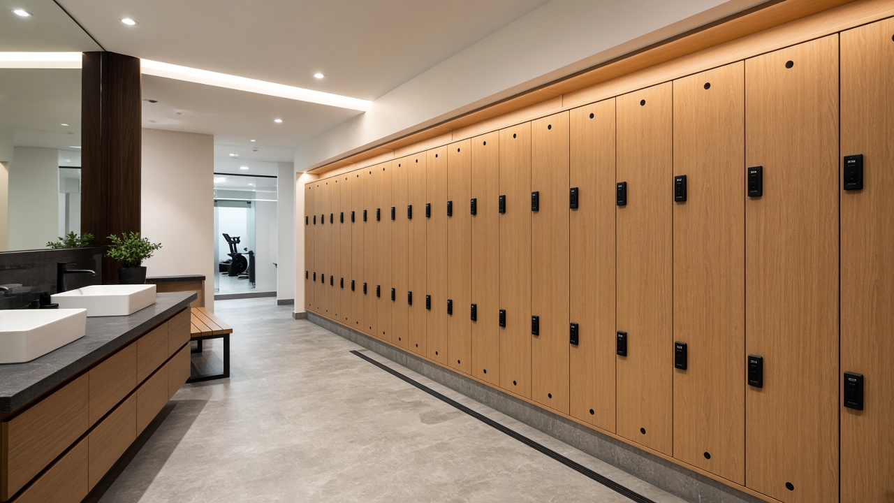 Modern gym locker room with RFID locker locks installed on cabinets