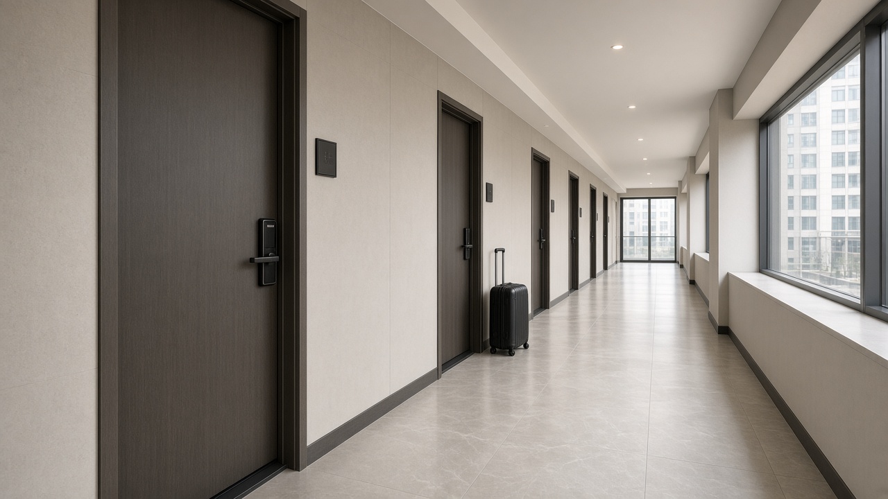 Modern serviced apartment corridor with smart apartment entrance