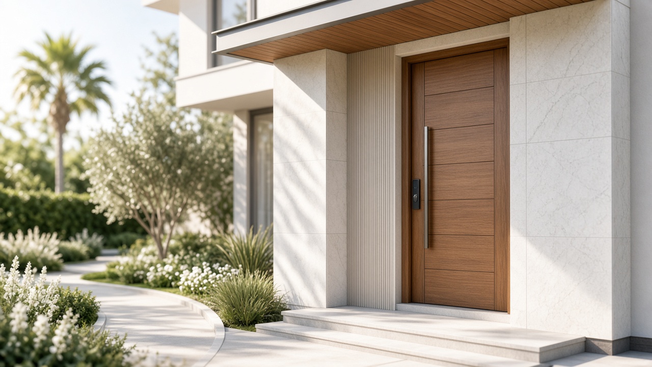 Luxury villa entrance with smart residential door lock in natural daylight
