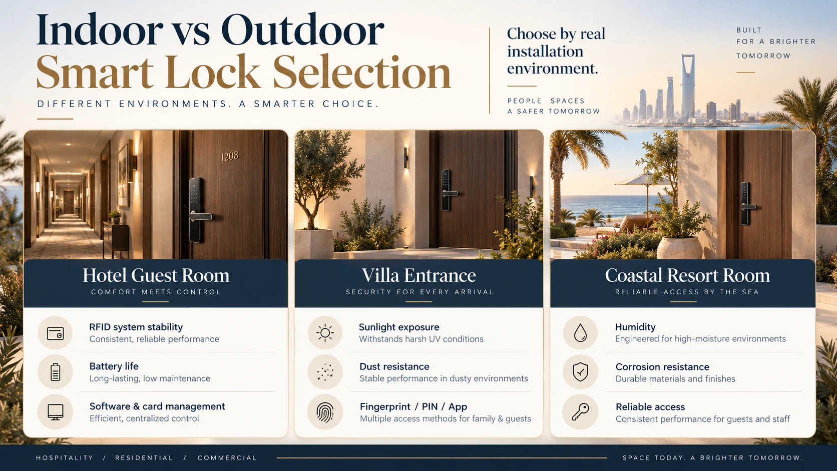Comparison of smart lock selection for indoor hotel rooms, villa entrances and coastal resort rooms in Saudi Arabia