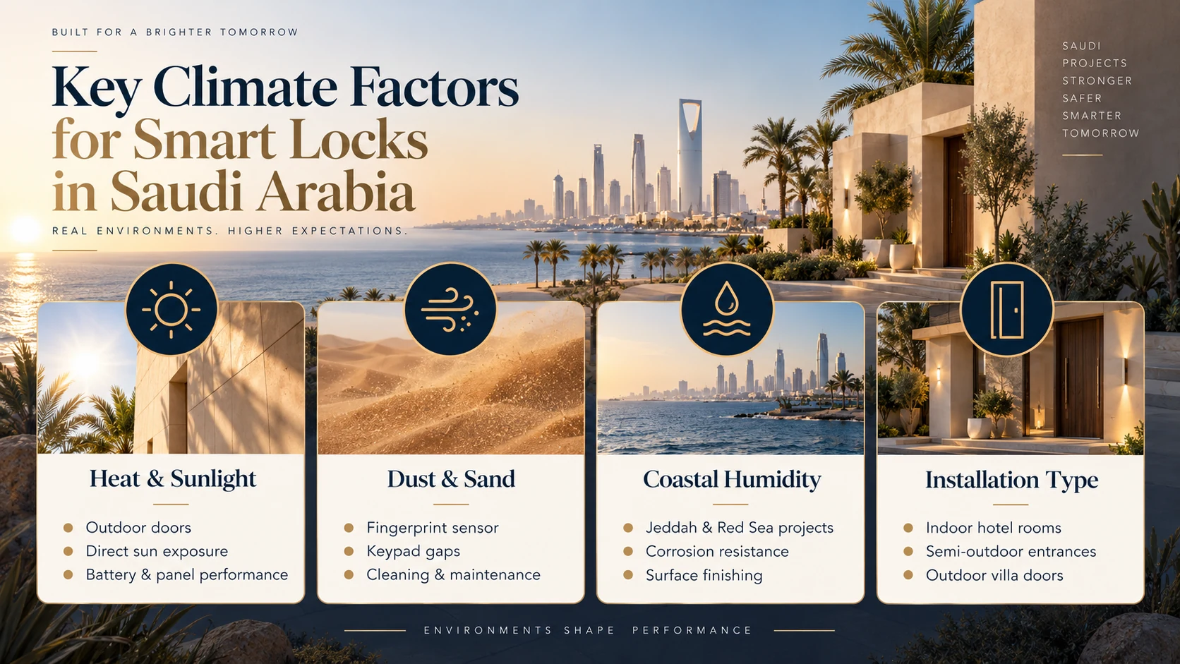 Key climate and installation factors for smart locks in Saudi Arabia, including heat, dust, coastal humidity and installation type