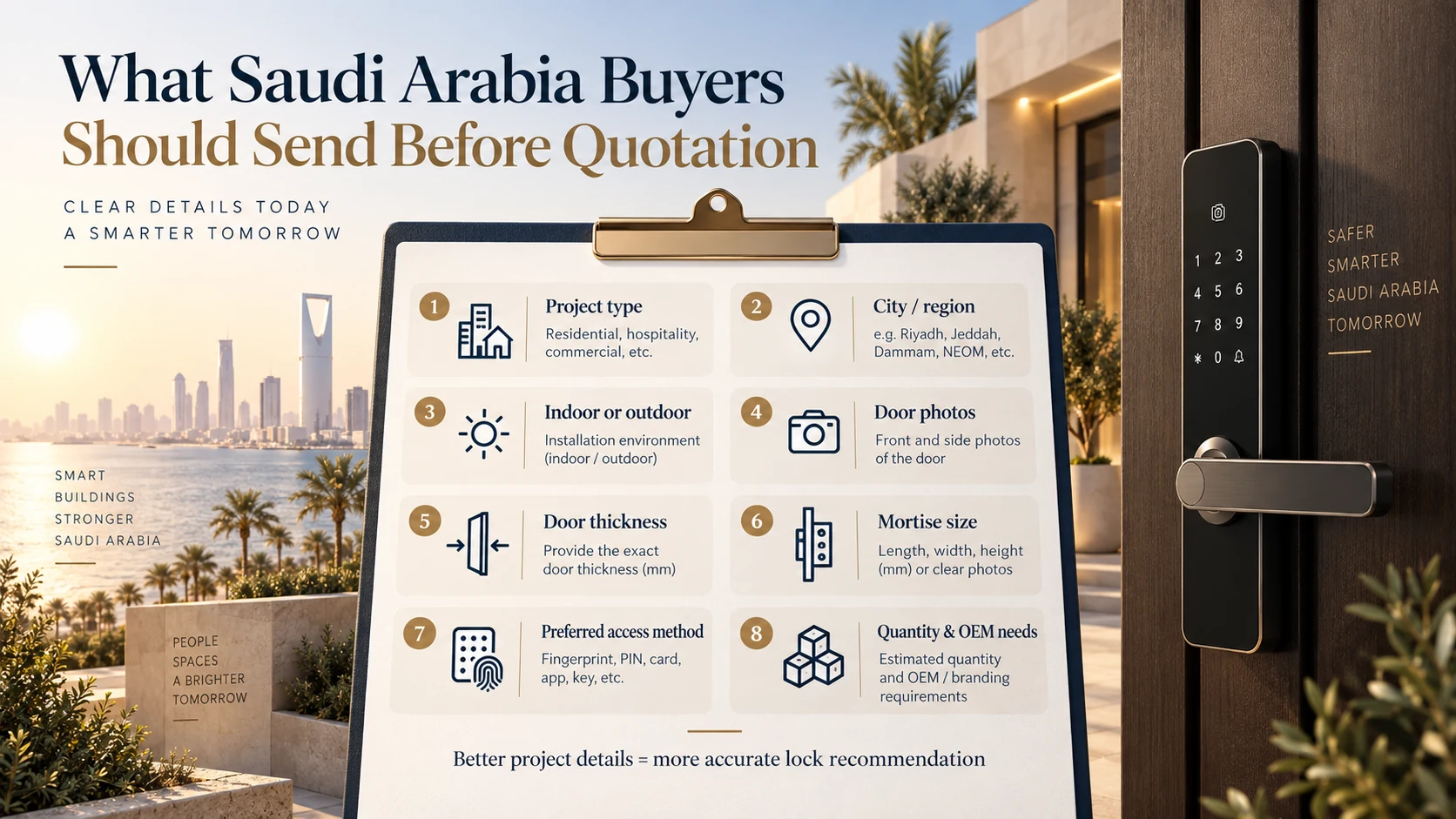 Smart lock quotation checklist for Saudi Arabia buyers including project type, city, installation environment, door dimensions and access method