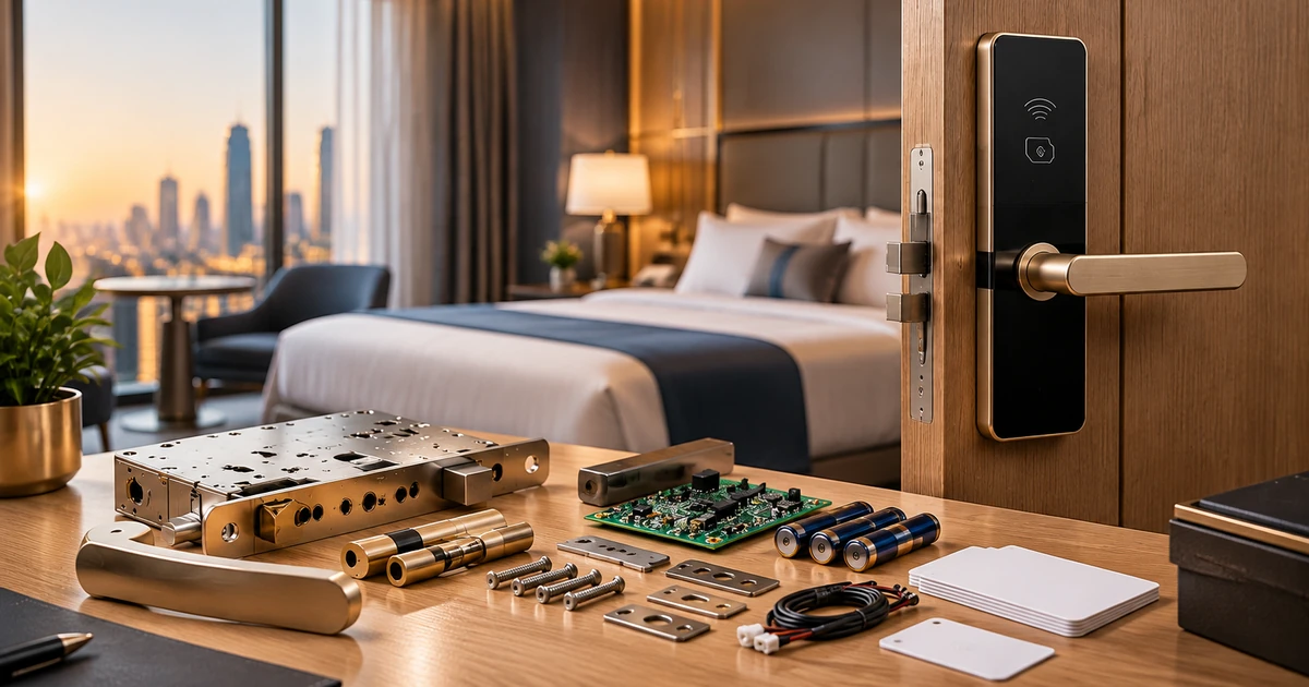 Hotel smart lock beside spare lock components on a workbench